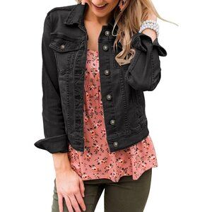 Women's Basic Long Sleeves Button Down Fitted Denim Jean Jacket Black